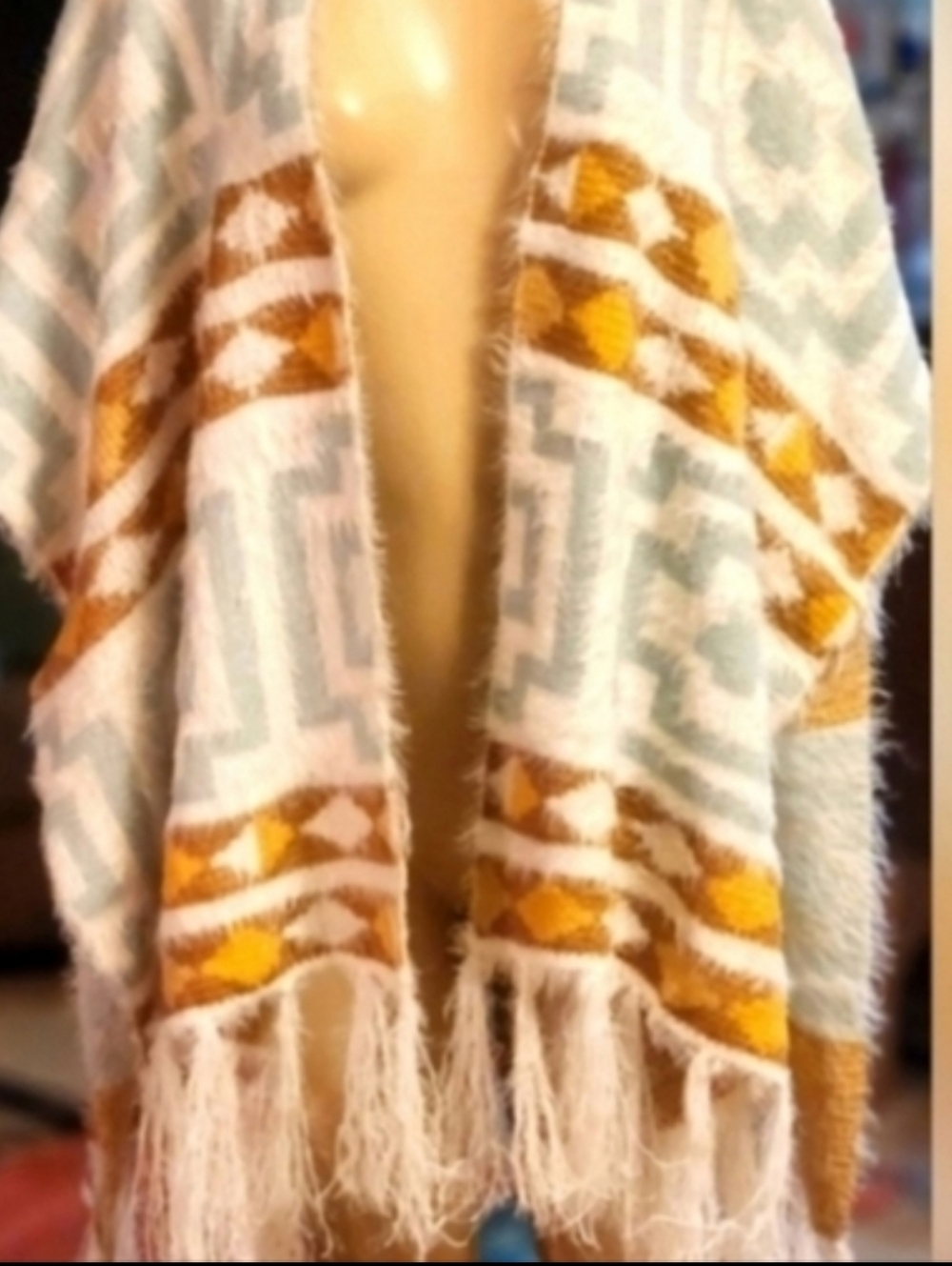 Free People Fuzzy Knit Boho Kimono – Cream, Mustard & Soft Blue Geometric – NWT
